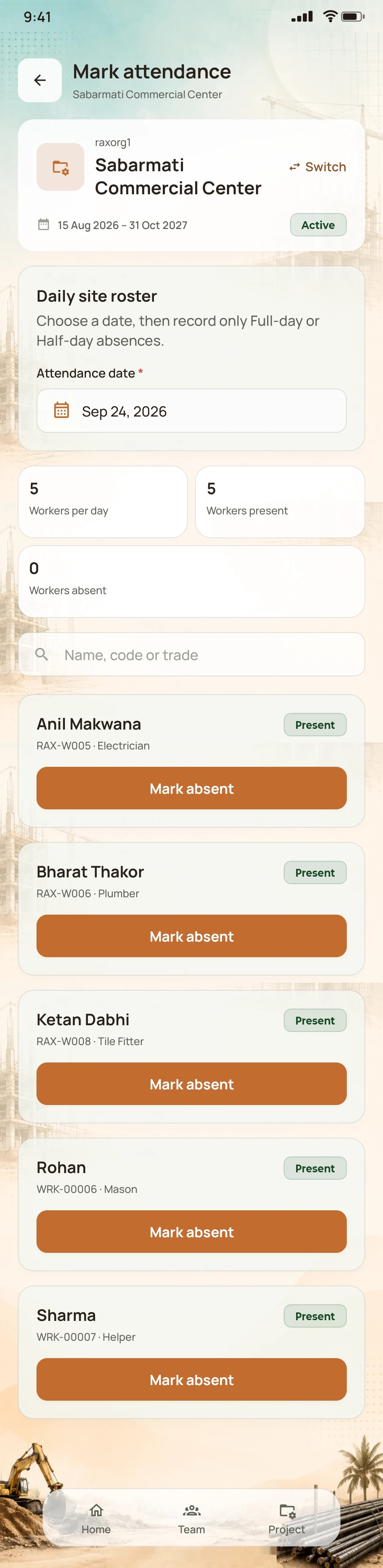 NirmanSite app: daily site roster for attendance