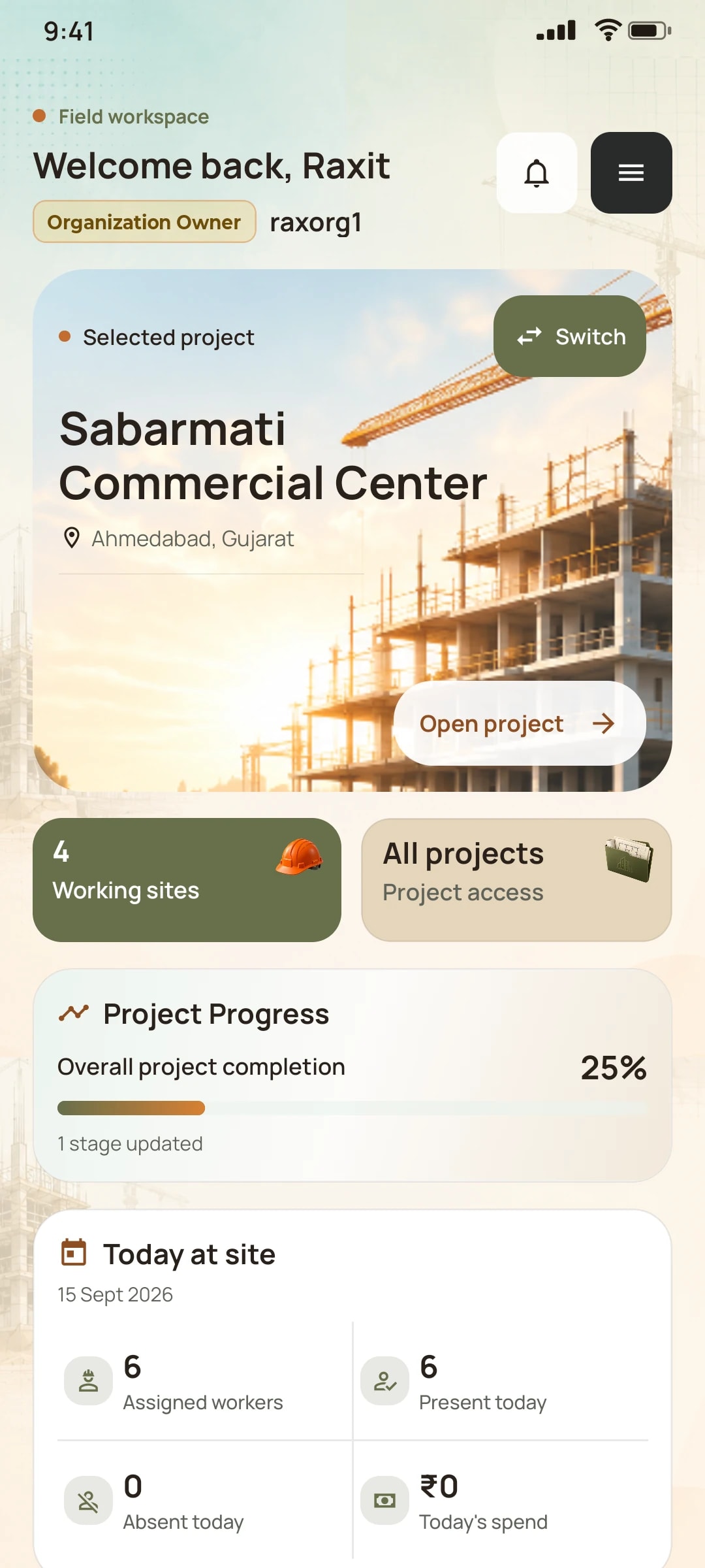 NirmanSite dashboard screen: Your site. In your pocket.
