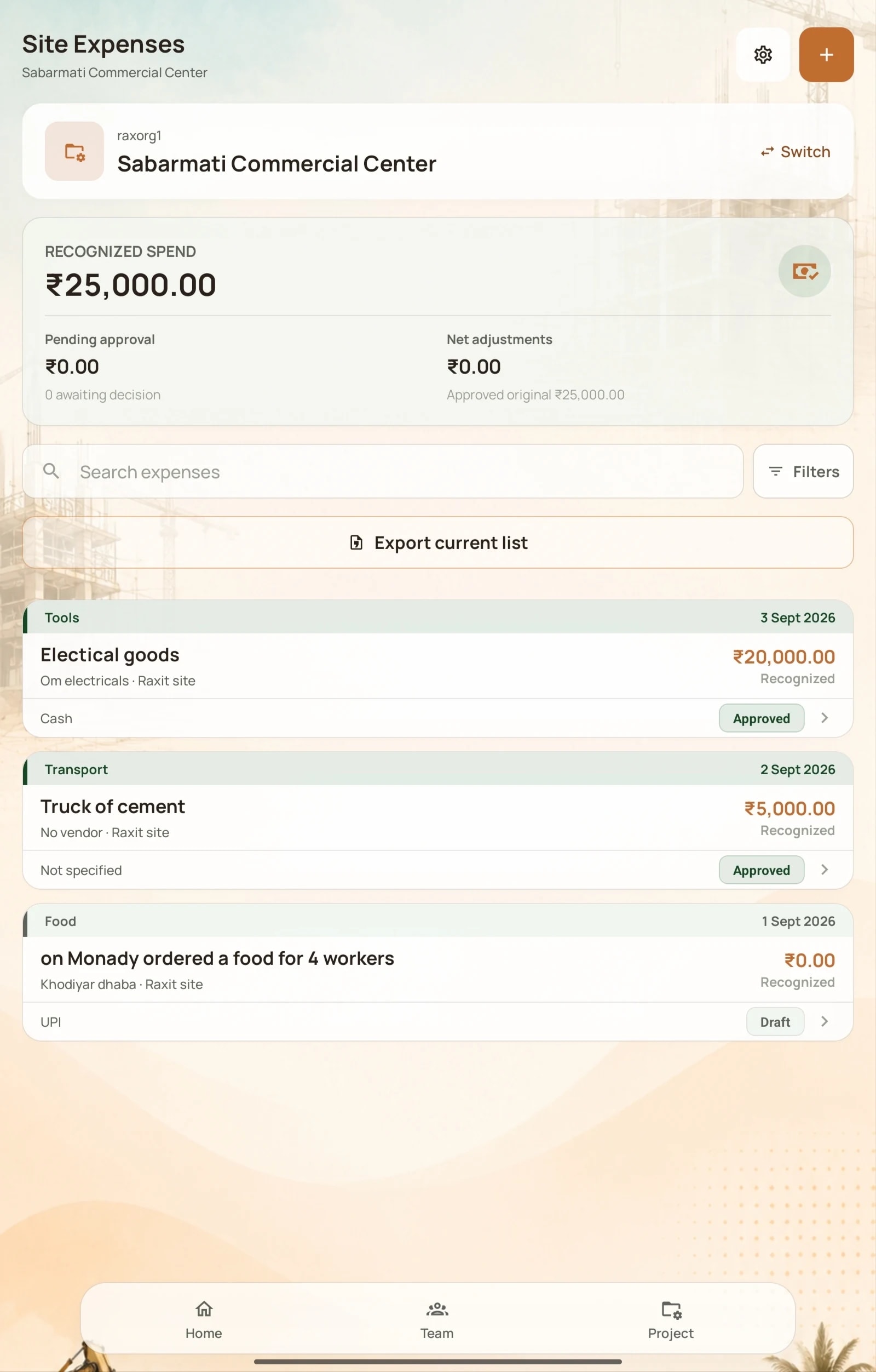 Site expenses in the NirmanSite app: recognised spend, pending approval and each expense with its status