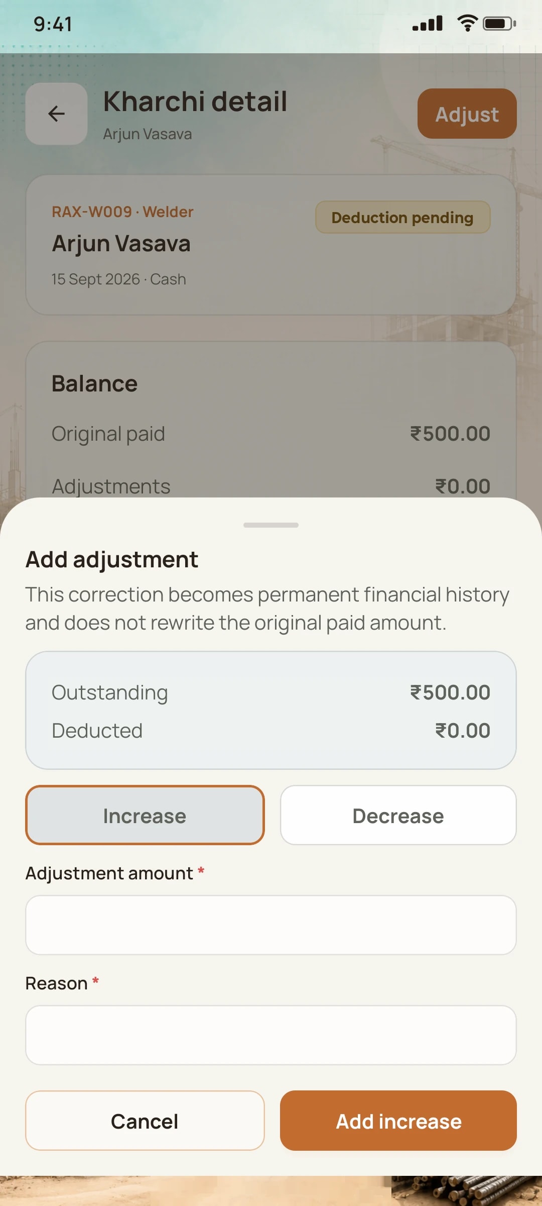NirmanSite app: Kharchi (worker advance) detail