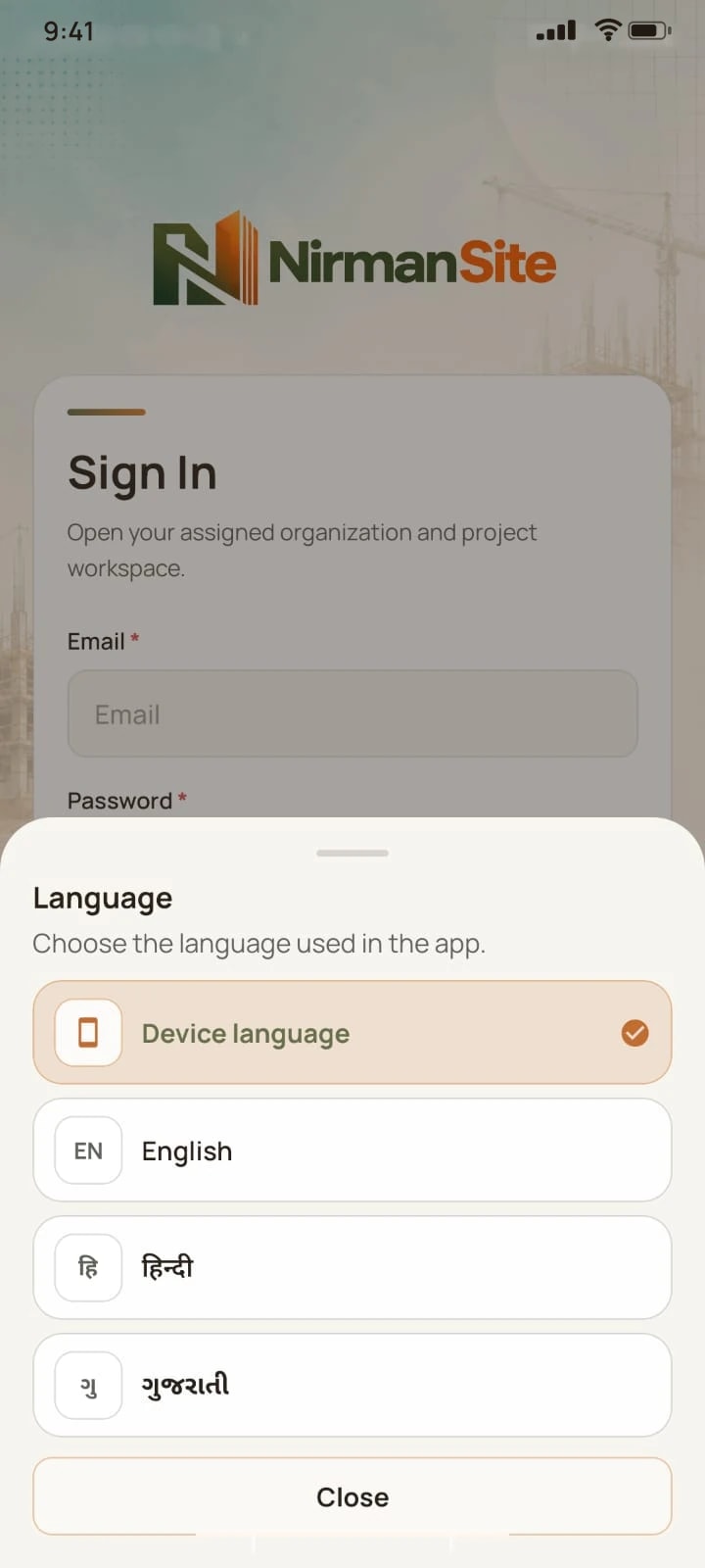 Language setting in the NirmanSite app: device language, English, Hindi and Gujarati