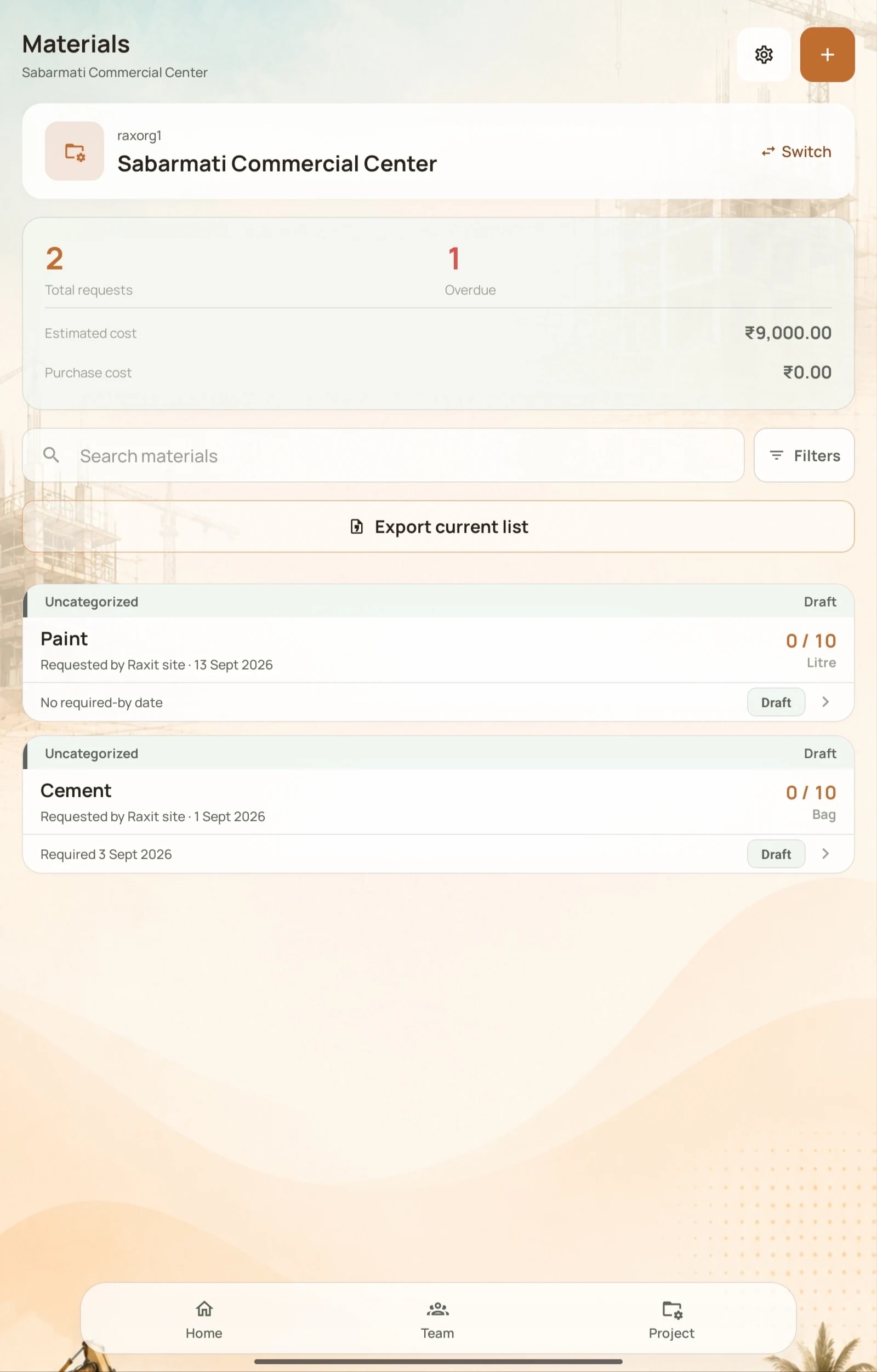 Materials in the NirmanSite app: total and overdue requests, estimated cost, and each request with its quantity and required date
