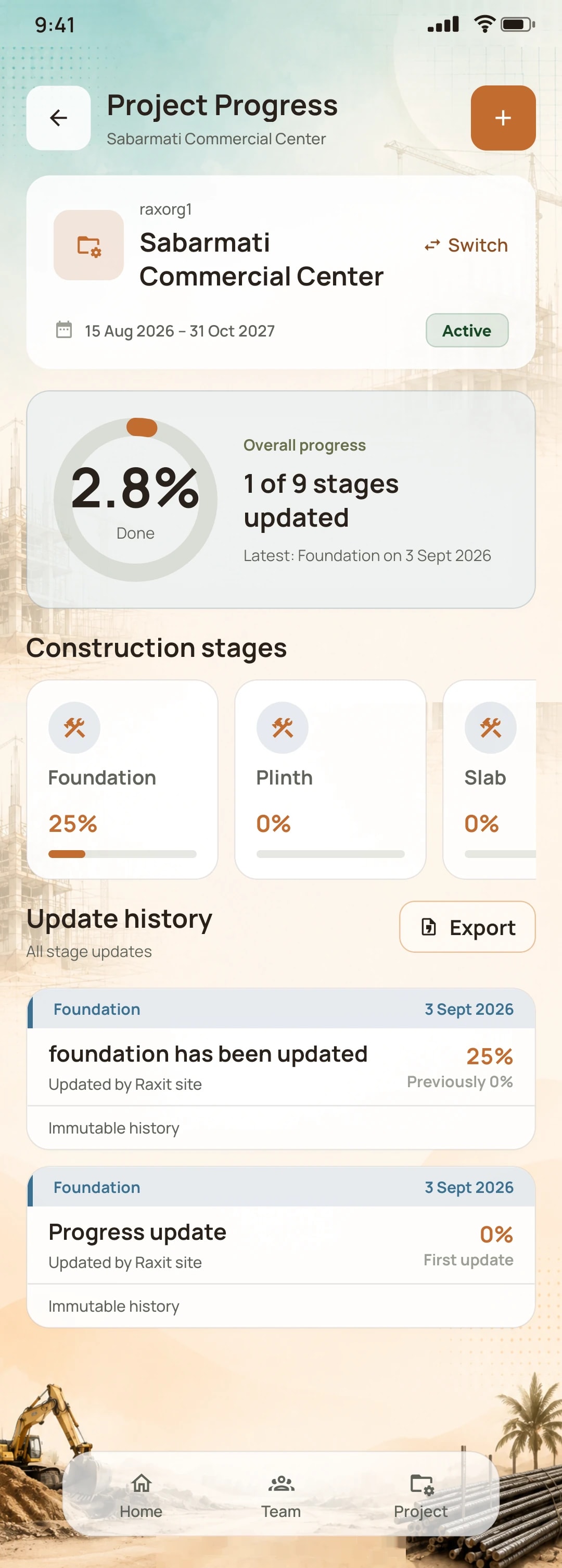 NirmanSite app: construction stages and progress