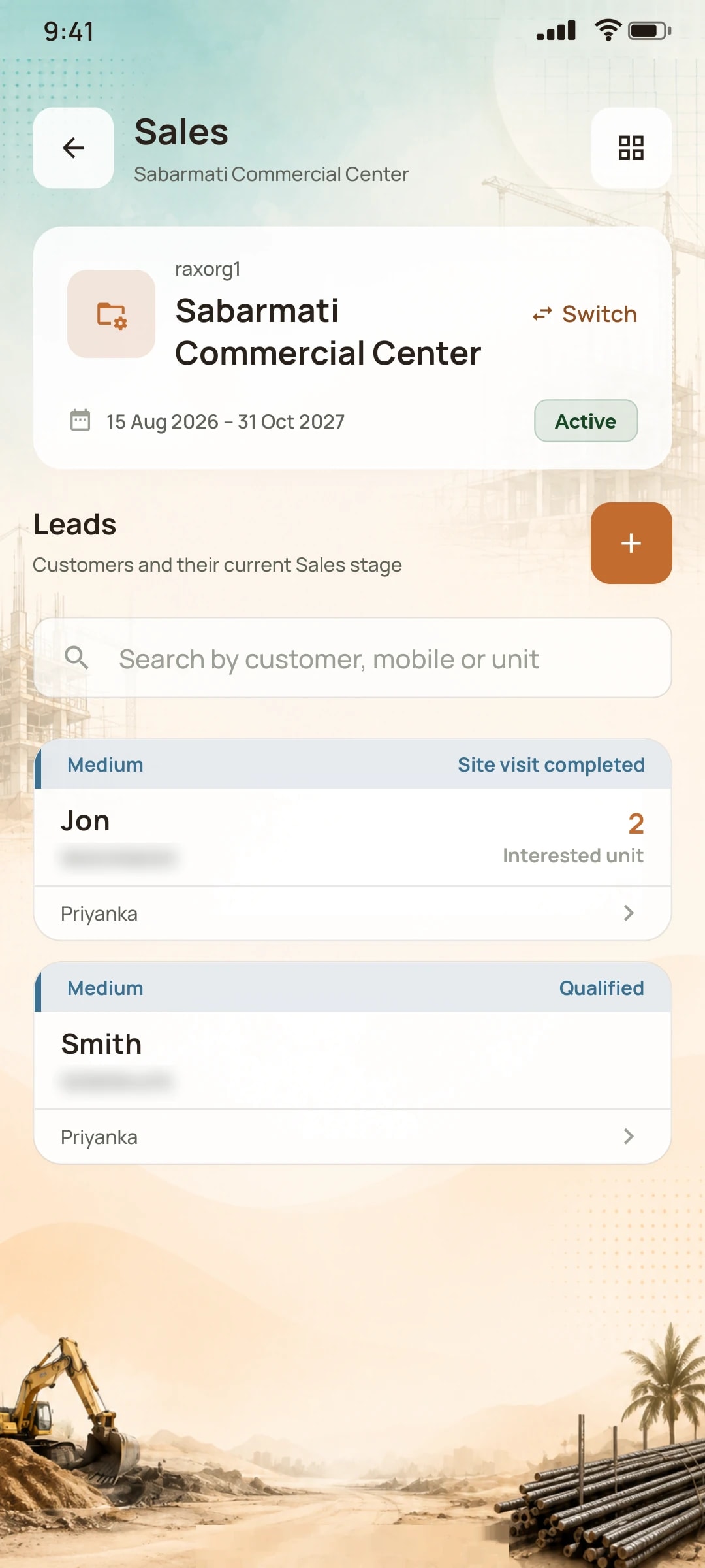 NirmanSite app: sales leads and their stages